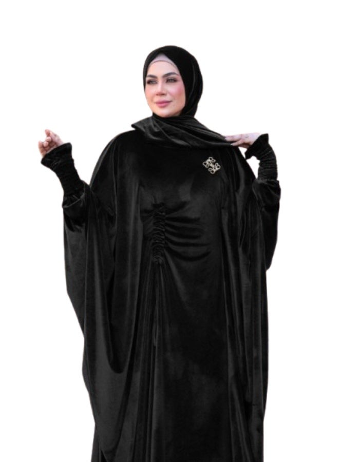عباية اسدال خروج شتوي حريمي - قطيفة فرنساوي - لون أسود سادة - Image 2